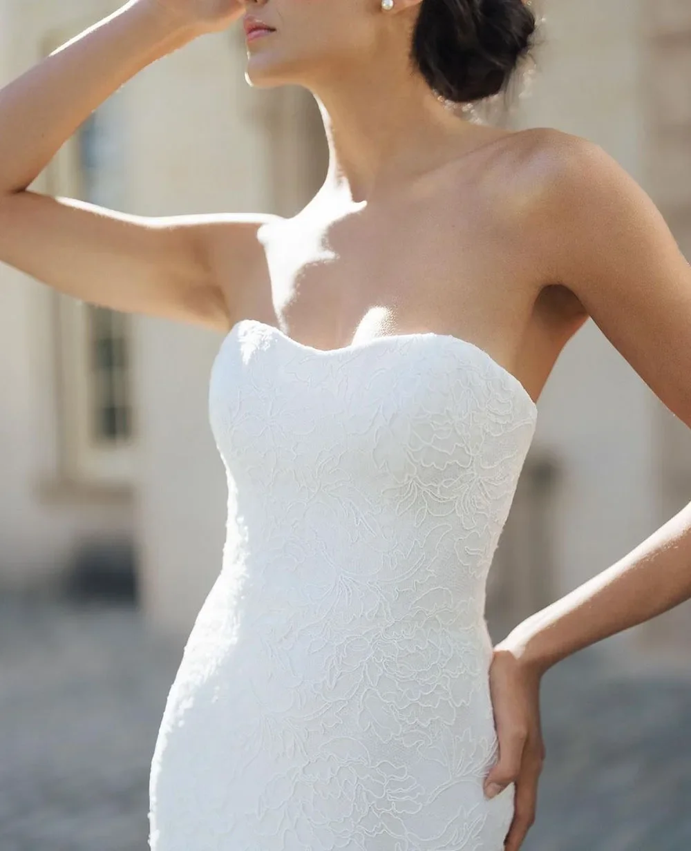 Abiti da sera vintage personalizzati Abito da sposa senza spalline in pizzo senza schienale con volant Corsetto Abiti da sposa principessa Taglie forti Hig formale