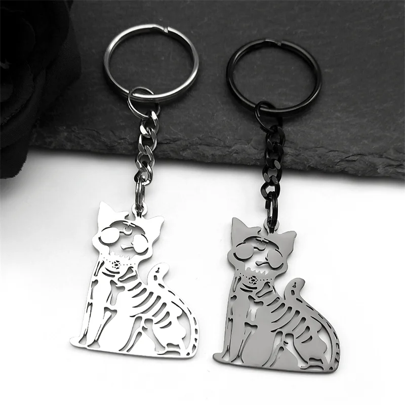

Gothic Wicca Skeleton Cat Pentagram Stainless Steel Key Chain for Women Men Silver Black Color Kitten Key Ring Jewelry