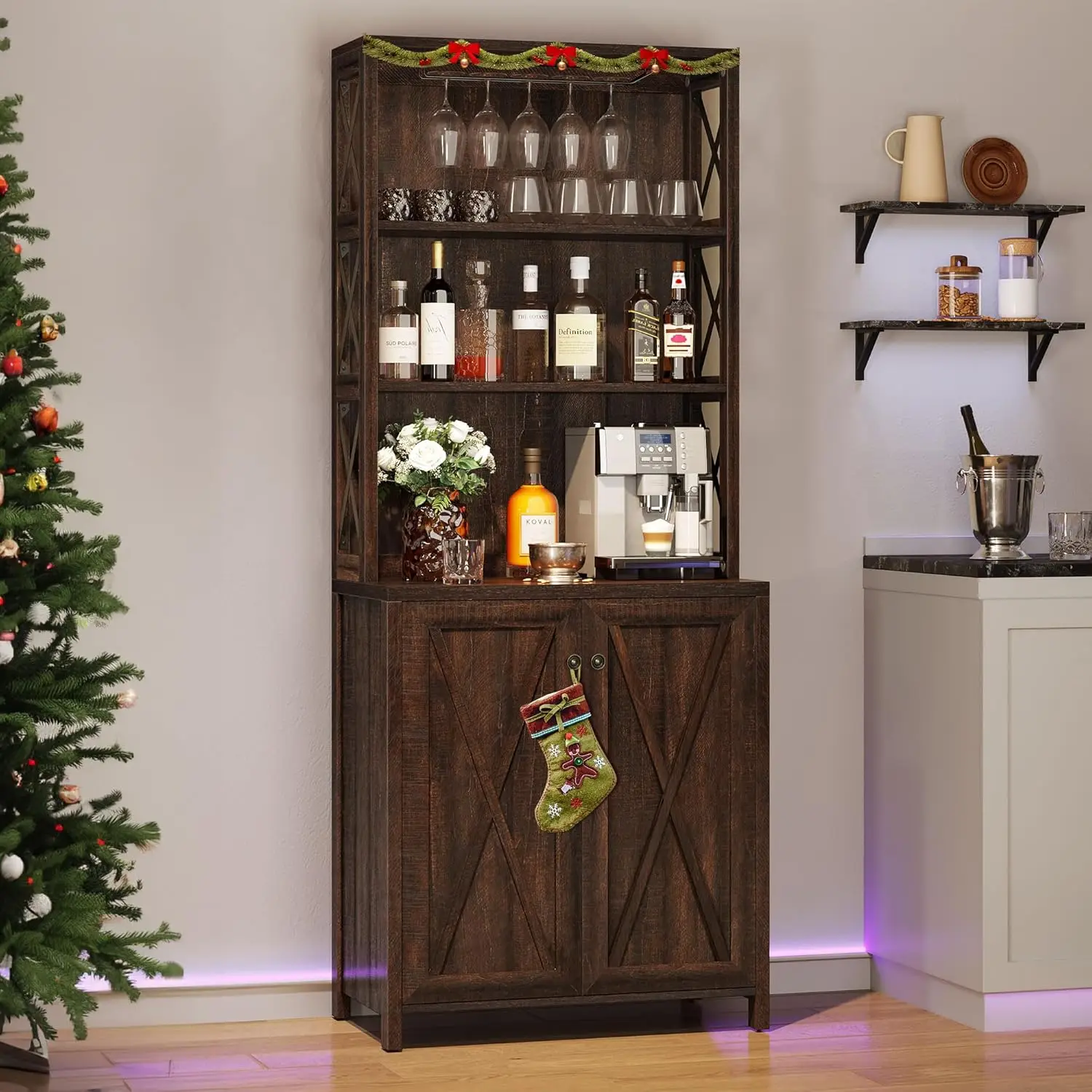 

Dwvo 67"" Tall Wine Bar Cabinet For Liquor And Glasses, Farmhouse Kitchen Cabinet Coffee Bar With Adjustable Shelves, Open