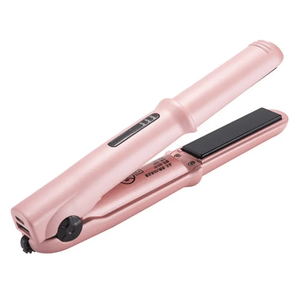 

USB Hair Straightener Curler Dual Use Electric Styling Tool Pink Black Ceramic Heater LED Display 360 Rotating Cord