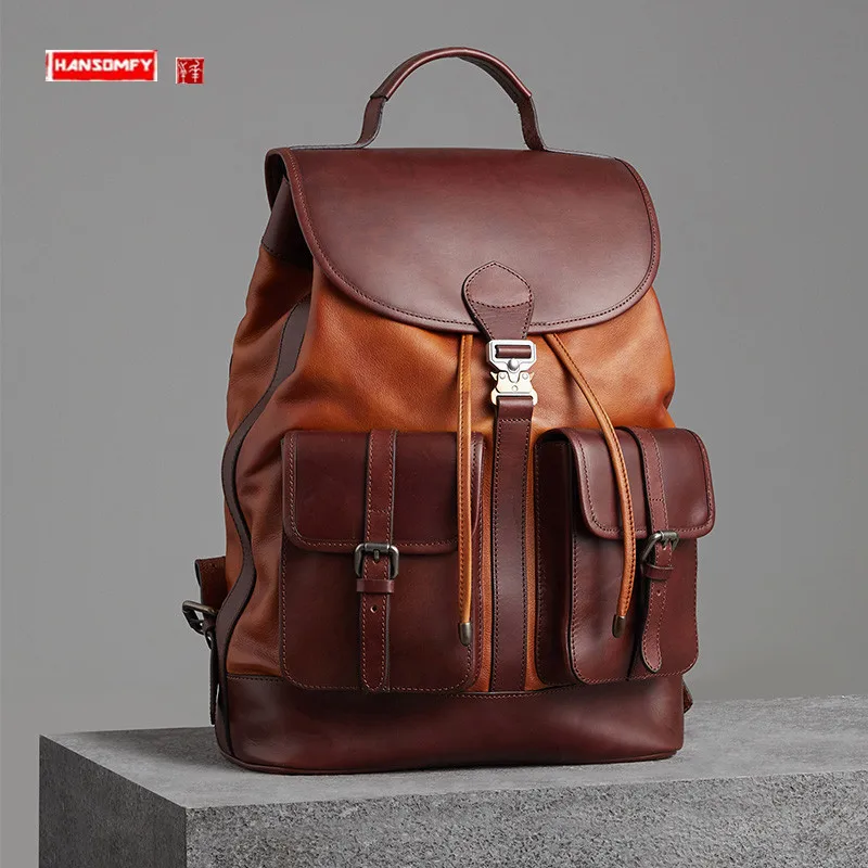 

Large-capacity First Layer Cowhide Backpack Travel Bag Full Leather Men's Backpack School Bag Automatic Buckle Laptop Bags Retro