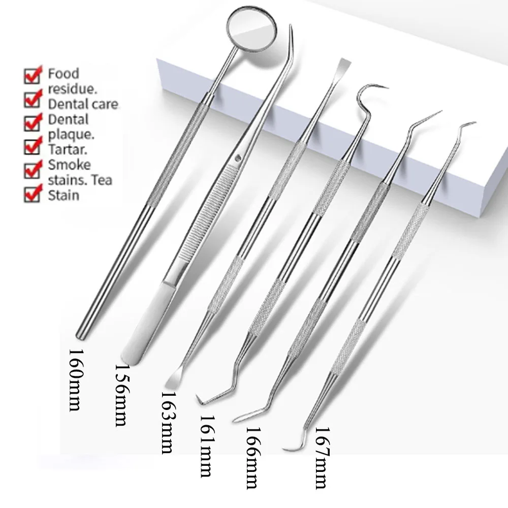 6PCS Dental Mirror Probe Tweezer Hoe Sickle Scaler Stainless Steel Plaque Remover Teeth Cleaning Oral Care Kit Tool Instrument