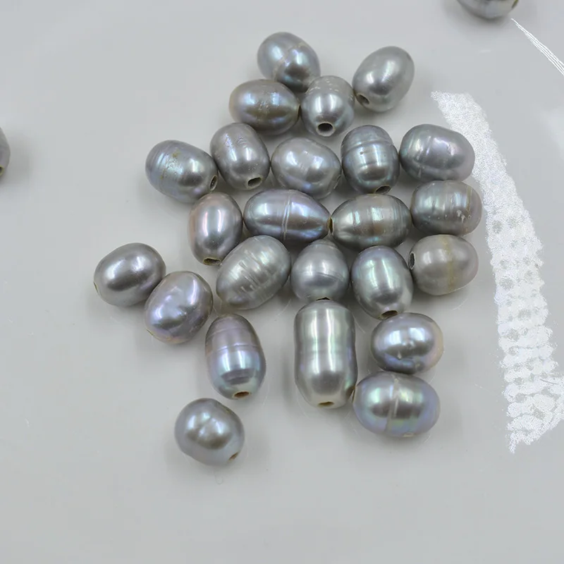 

200pcs High quality 9-10mm gray Freshwater Oval Rice Pearls With 2mm Hole