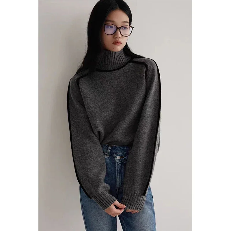 MEXZT Vintage Striped Sweater Women Patchwork Knitted Pullovers Korean Half High Neck Knitwear Winter Long Sleeve Loose Jumpers