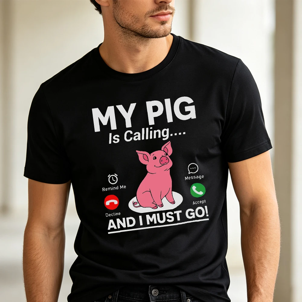 My Pig Is Calling Phone Screen Graphic Tee Cute Animal Print Short Sleeve Men T Shirt  Summer Casual Funny Pet Lover Apparel