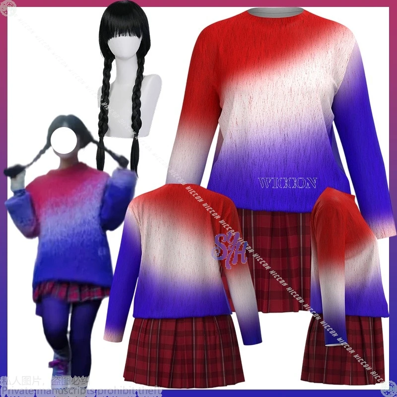 

2025 Хэллоуин Косплей Аниме Wedness Movie Dayy Костюм Красный Синий градиент цвета Свитер Радуга Harajuku Jirai Kei Платье Лолита