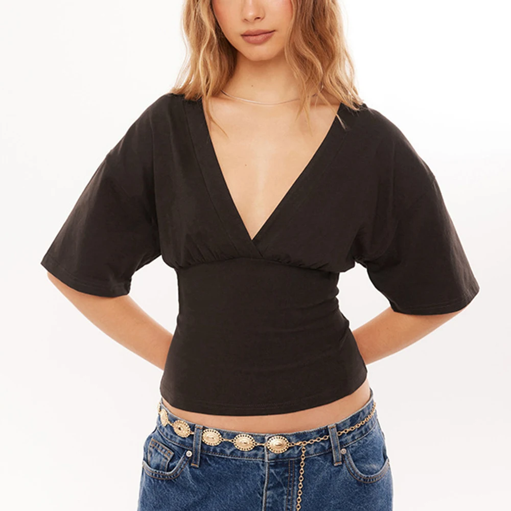 

Talenza White V-Neck Tops Women's Summer New Casual Pleated Slim T-Shirt Fashion Streetwear 2026 Office Lady Y2K Female T-Shirts