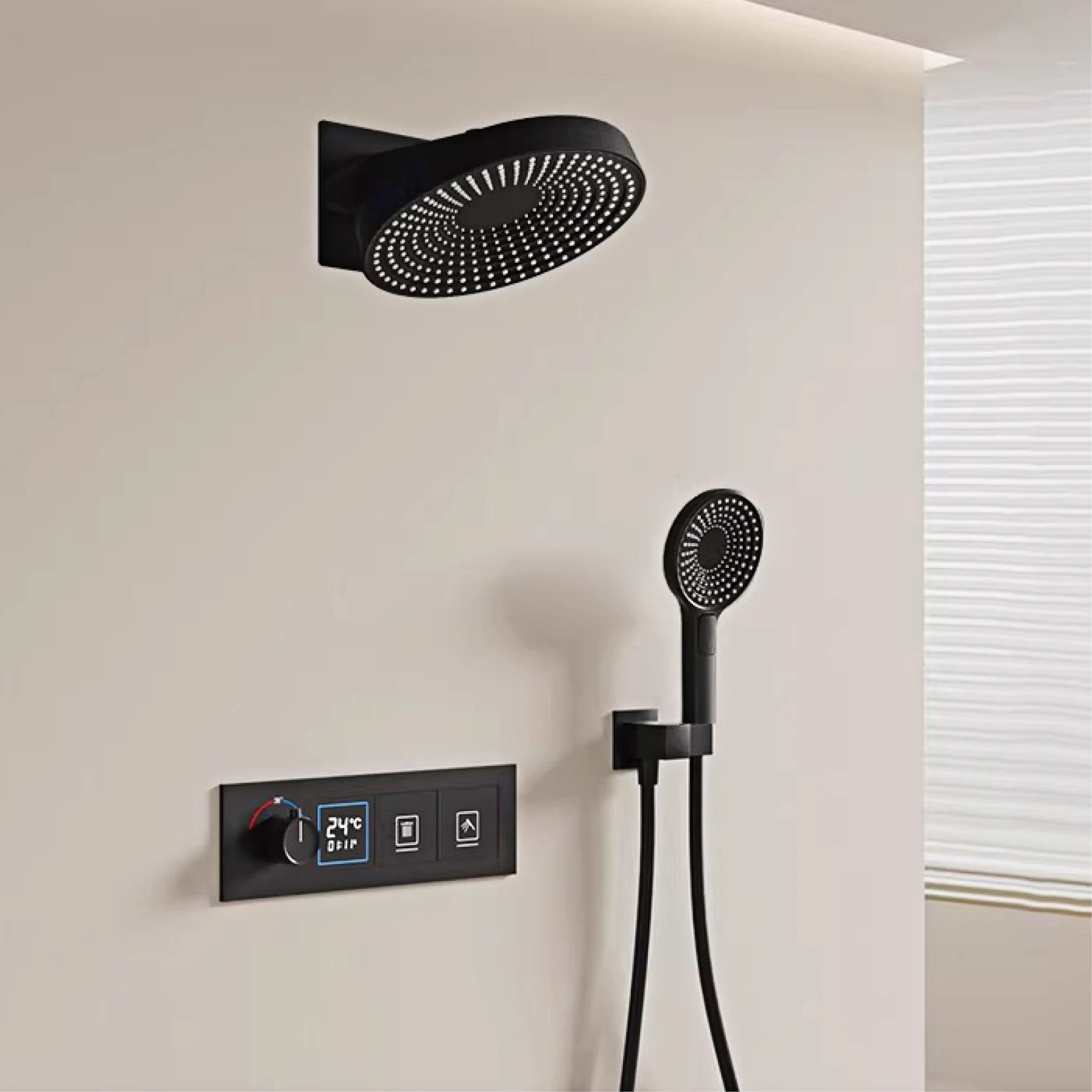 Luxury Brass LED Digital Display Wall-Mounted Shower System, Embedded Thermostatic Cold and Hot Water 2-Function Bathroom Mixer