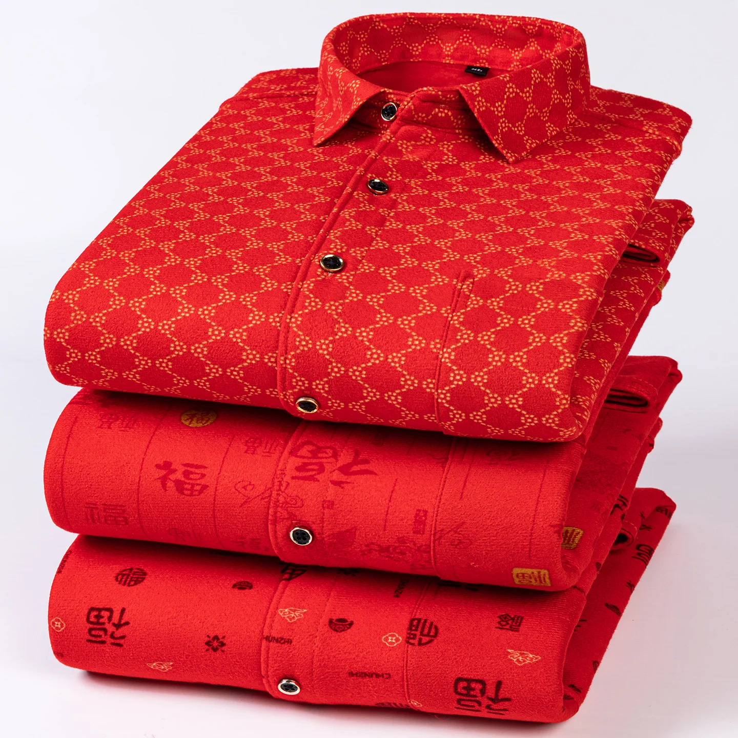 حجم كبير 8xl أحمر احتفالي شتاء دافئ سميكة قمصان طويلة الأكمام للرجال جيب واحد اتجاهات غير رسمية موضة ملابس أنيقة
