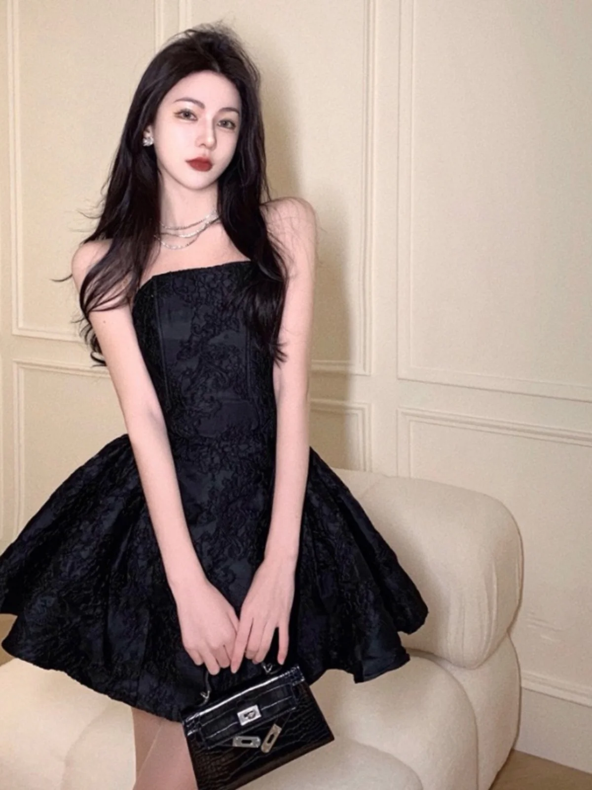 Hebe Sle Sexy ort Puffy Dr Women's Strapl Knee-high Knitted Gown Summer New Arrival Princ Cut A-line Dr