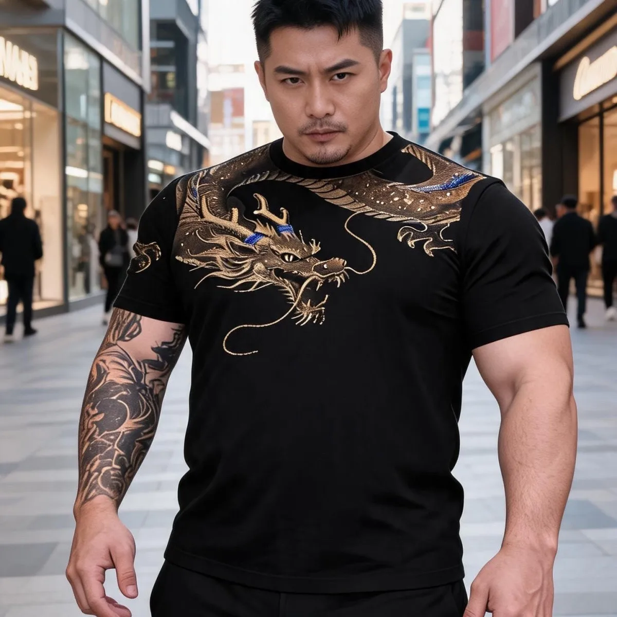 Men Short-sleeved T-shirt Black Men Clothing Dragon Tops Tees Flocking Hot Stamping Design Slim Fit Casual Chic Summer New Solid