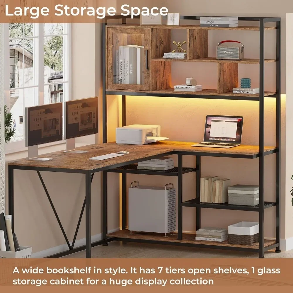 

L Shaped Computer Desk, 58'' Office Desk with LED Light and Bookshelf, L Shaped Corner Desk with Storage Shelves for Home Office