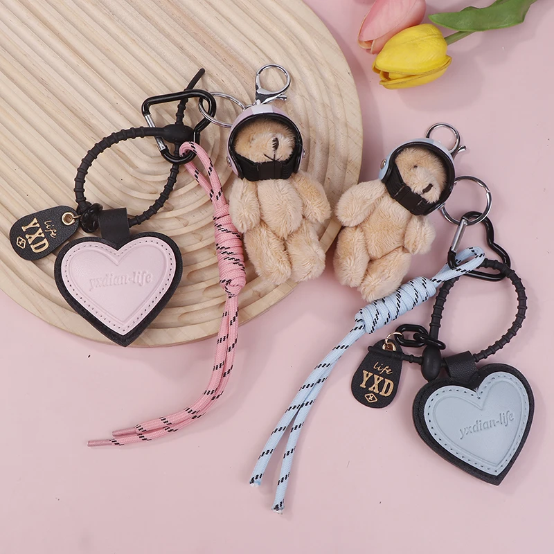 Cute Helmet Bear Pendant DIY Personality Car Key Chain Decoration Charm Woven Rope Hanging Mobile Phone Key Ring Bag Accessories