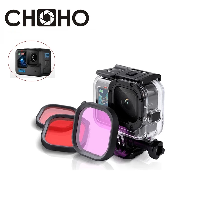 Caixa impermeável para GoPro, caixa protetora de mergulho, vermelho, rosa, filtro original, apto para Hero 9, 10, 11, 12, 45m
