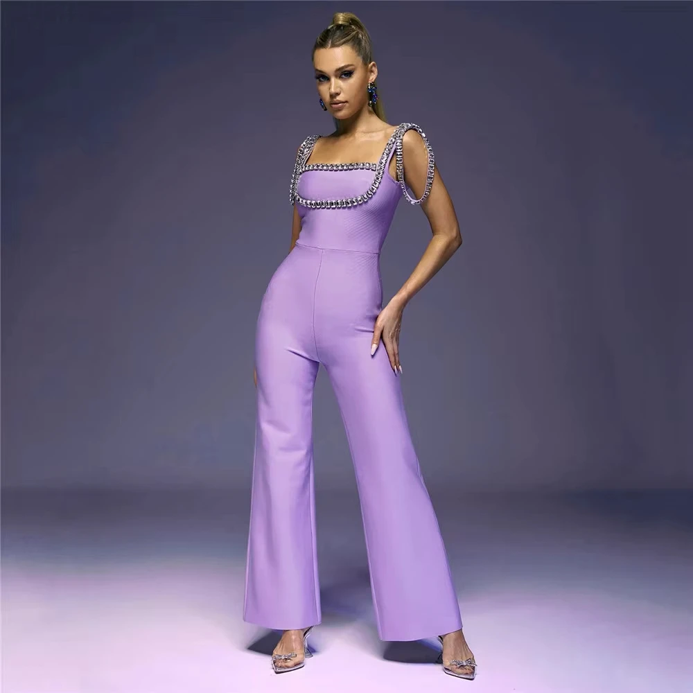 New Women High Waisted Jumpsuit Rhinestone Wide Leg Pants Heavy Industry Temperament Evening Dress Fashionable Jumpsuit 2025