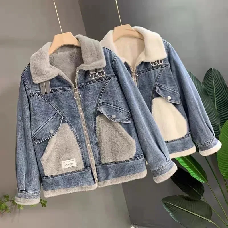 Faux Mink Velvet Stitching Denim Jacket Women's Fleece-padded Jackets Loose Jean Coats Lady Casual Warm Outerwear Autumn Winter
