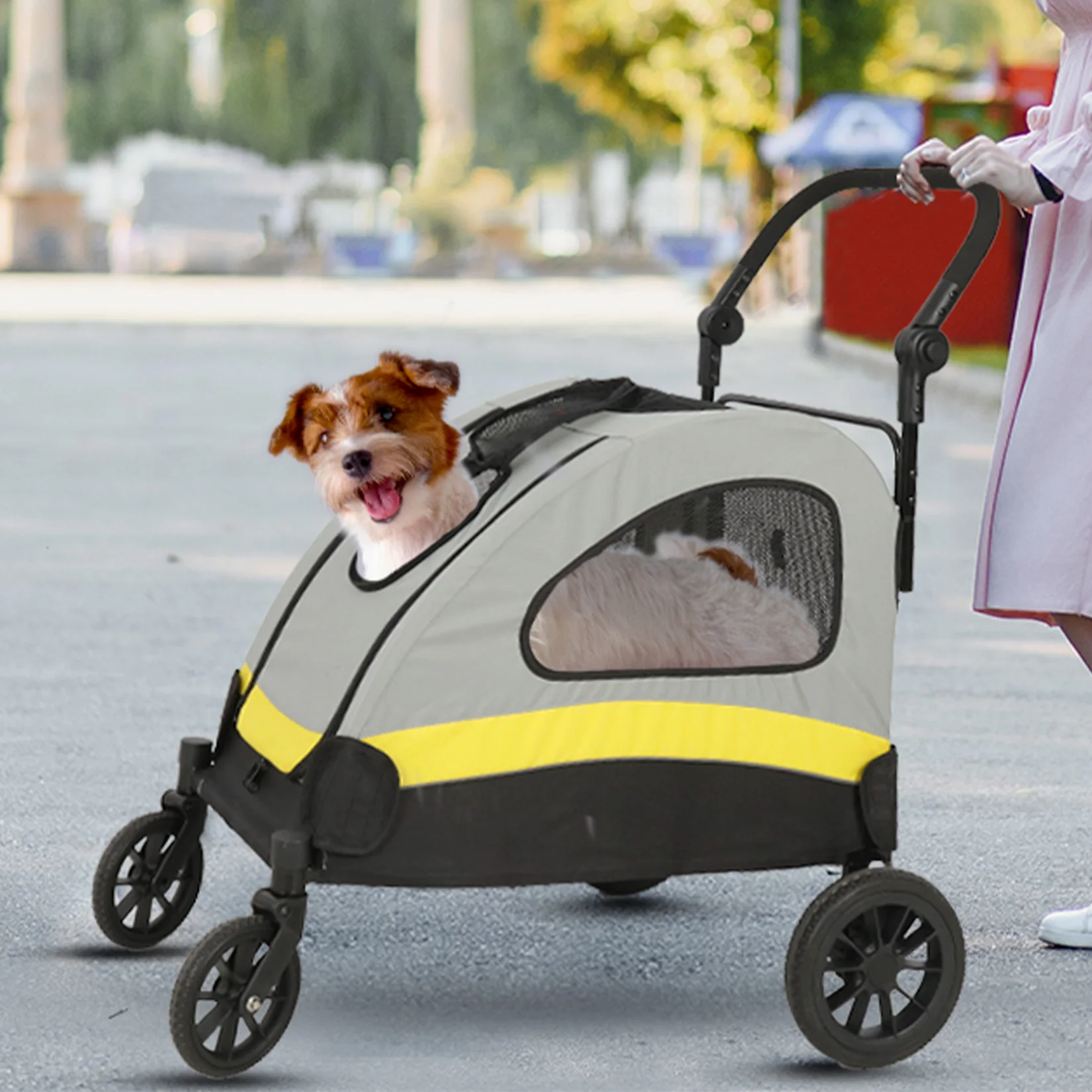 Portable Dog Stroller Pet Jogger Wagon Foldable Cart Travel Trolley Cart Outdoor with 4 Wheels, 3 Mesh Window, Adjustable Handle