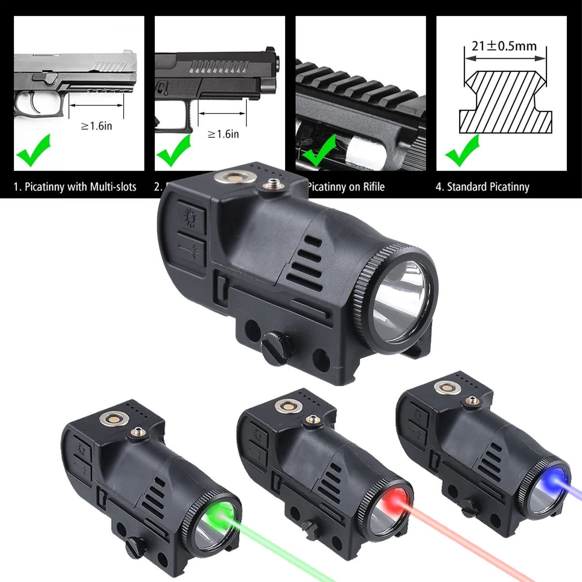 

Тактический светодиодный фонарик, зеленый, красный лазерный прицел, комбинированный пистолет, компактный светильник для оружия, разведчик для 1911 G17 G19, пистолет