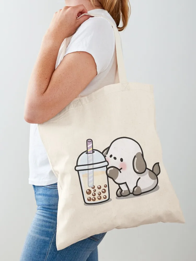 Little Puppy Loves Boba Tea! Tote Bag shopper bags for women Canvas stote bag canvas tote bag tote screen