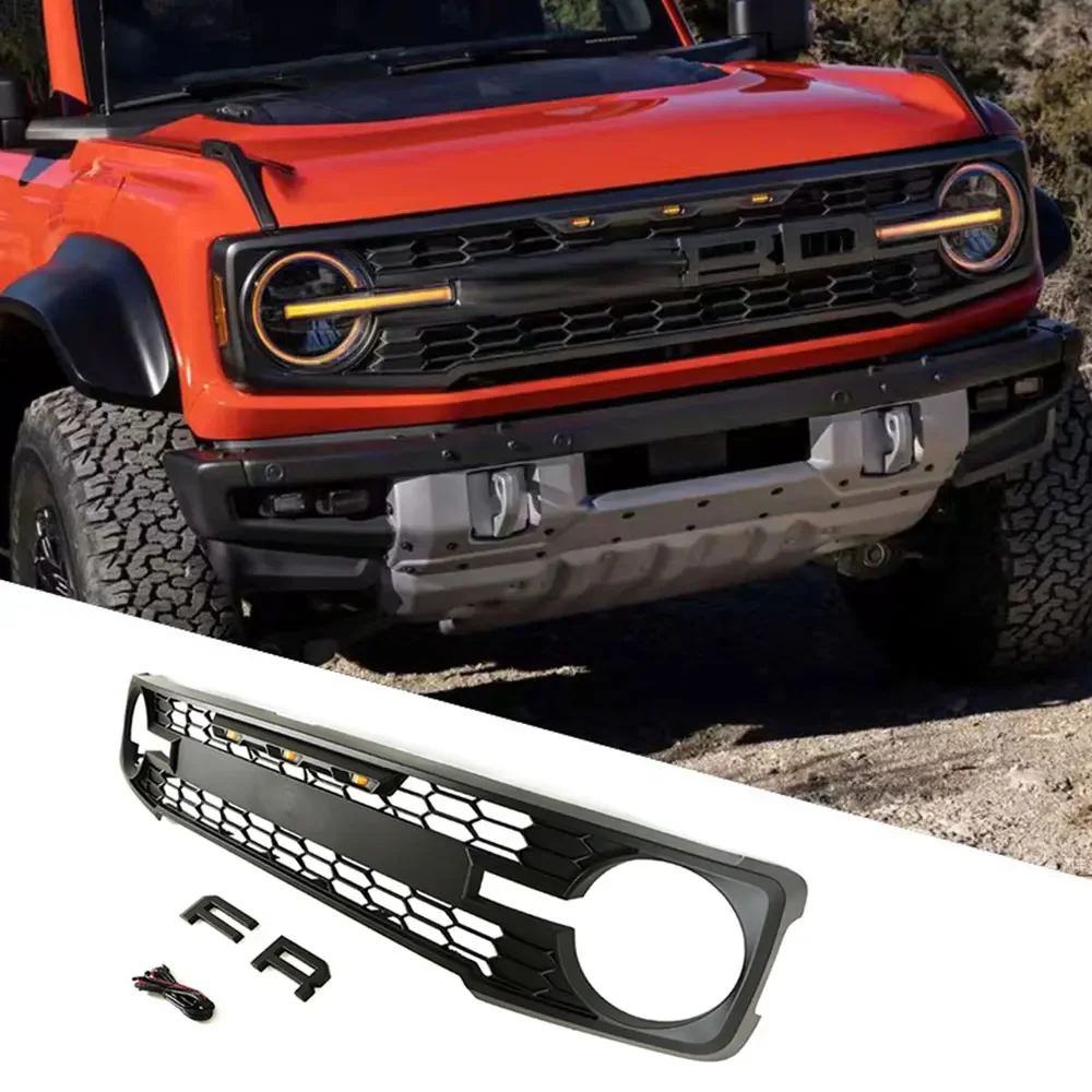 New Arrival Exterior Accessories Bronco Front Grille With Three Amber Led Lights Fit For Ford  2021 2022