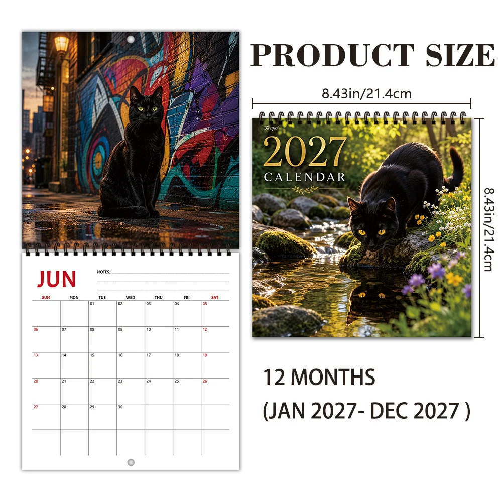 1pc 2027 Wall Calendar, Urban Black Cat Theme,12-Month Monthly Planner,Perfect Gift For Back-to-School Season,Christmas,New Year