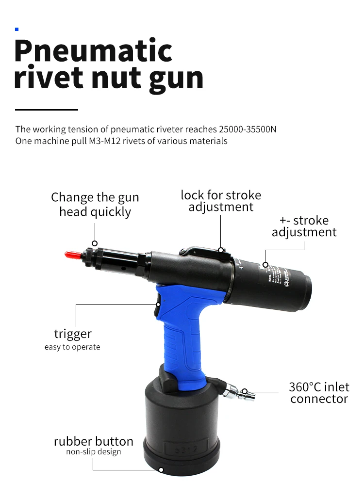 Pneumatic Riveter Automatic Rivet Nut Gun RL-6312 Industrial Hydraulic Quick Riveting Nut Tool M3 M4 M5 M6 M8 M10 M12