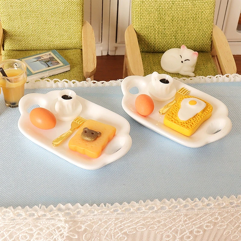 1Set 1:12 Dollhouse Miniature Bread Egg Coffee Dinner Plate Fork Kitchen Food Tableware Decor Toy Doll House Accessories