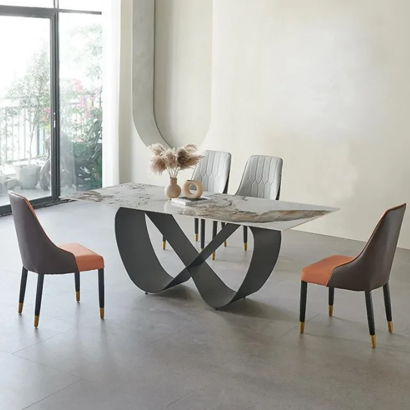 Italian Bright Rock Slab Dining Table and Chair Set Rectangular Elephant Leg Design Oil Proof Surface for Small Apartment