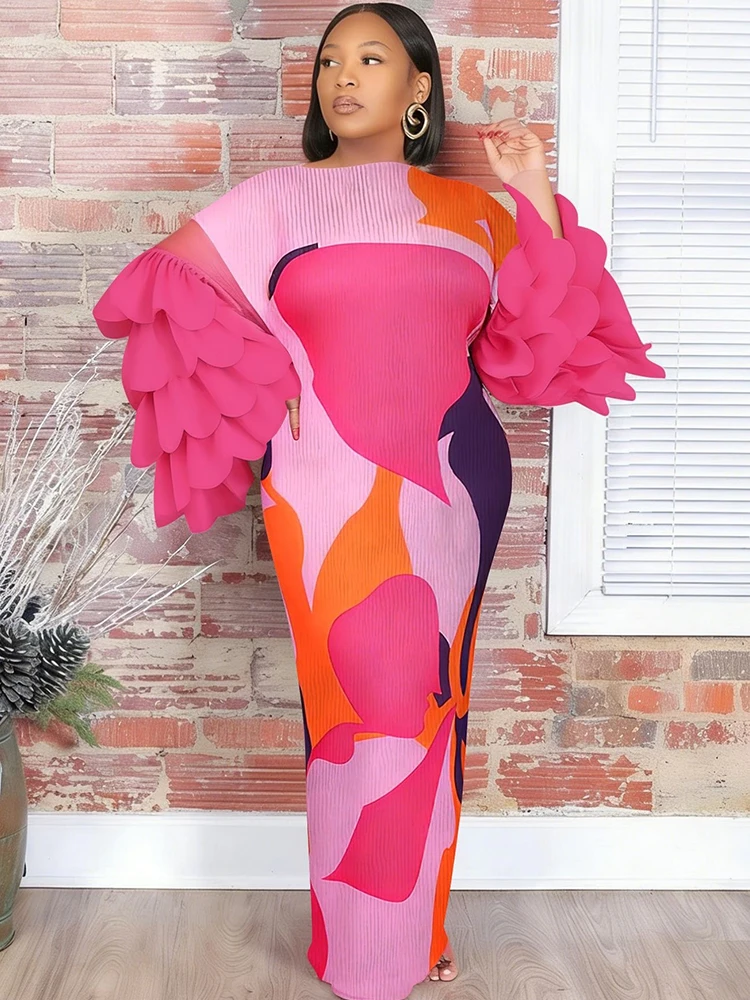 Plus Size Dresses Fashionable Women Abstract Print Long Maxi Dress Elegant Flared Feather Sleeve Flowy Summer Dress view 2