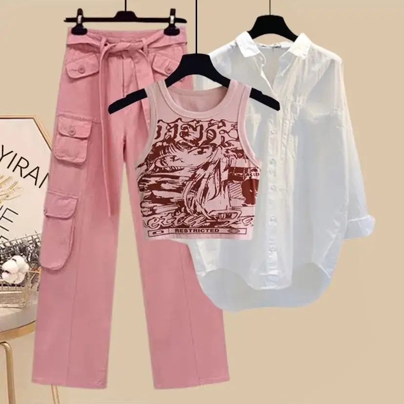 Spring Summer Three Piece Cargo Pants Set Wome New Large Size Vintage Blouse+Tank Top +Shirt Jeans Pants