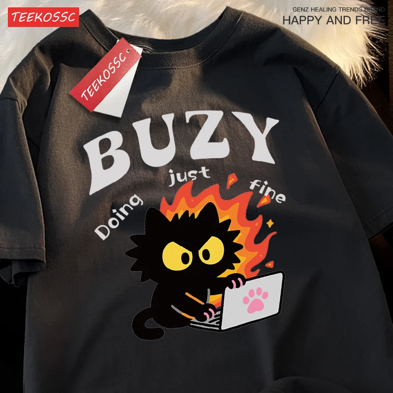 T-shirt con stampa gatto pazzo da ufficio T-shirt girocollo da donna Top casual T-shirt ampia a maniche corte in cotone oversize morbida per tutti gli abbinamenti