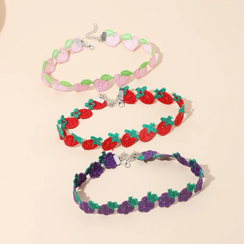Black Lace Choker for Women Butterfly Fruits Strawberry Grapes Peaches Necklace Clavicle Lady Jewelry Accessories Girl Gift