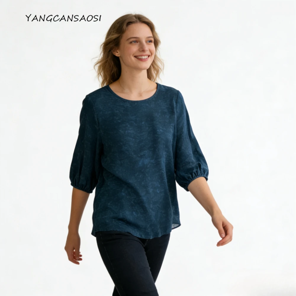 

Casual Women's Clothing 100% Natural Mulberry Silk 03 Crepe De Chine Lantern Sleeve Twilight Blue Round Neck Loose T-shirt