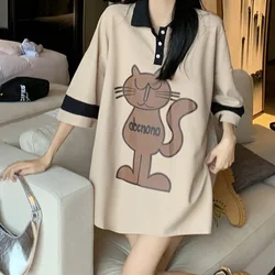 2024 New Turn-down Collar Women's Clothing Fashion Mid Length Version Tops Ladies Printing Pullovers Cartoon Straight T-Shirts