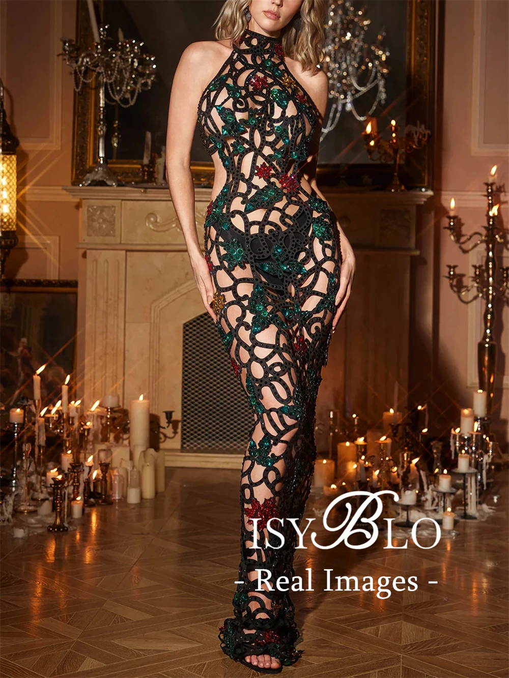 ISYBLO Cut Out Floral Maxi Dress Sheer Back Sheath Long Evening Dresses Party Prom Gown Night Club Costume Dresses