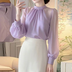 Temperament Chiffon Loose Shirt Tops Spring New Thin Long Sleeve Solid Simplicity Korean Blouse Fashion Elegant Women Clothing