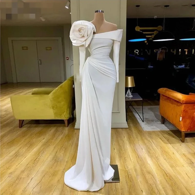 Manga longa elegante feminino vestido de baile sem alças até o chão plissado flor fora do ombro branco luxo robe soiree 2025