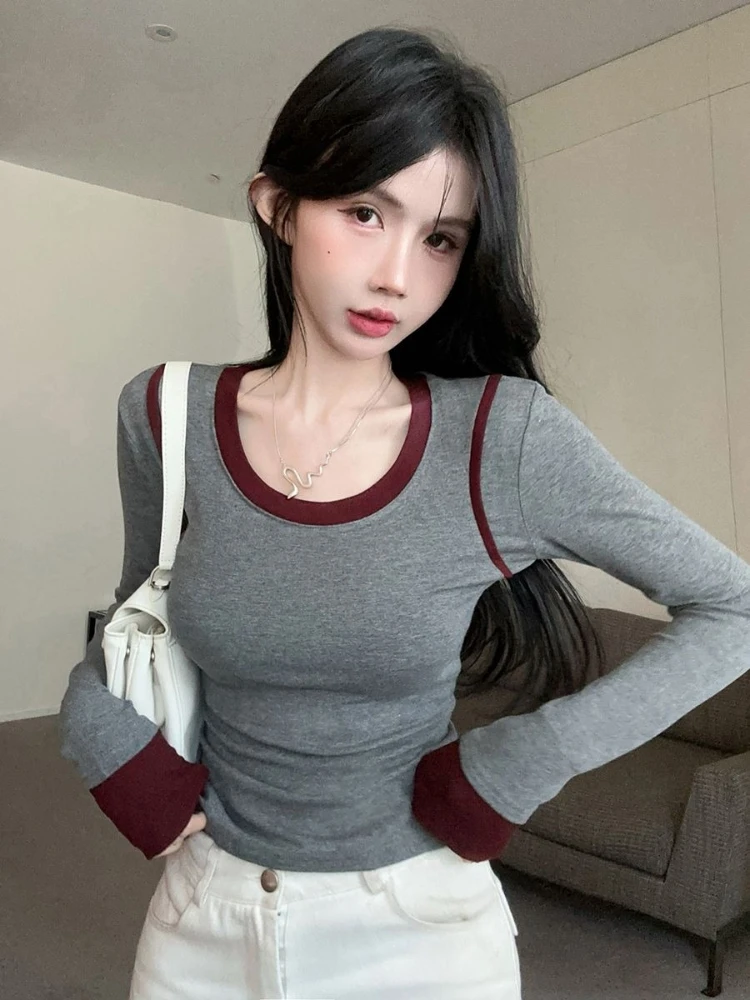 

Женская футболка с круглым вырезом и длинными рукавами, осенняя облегающая рубашка с цветными блоками, корейский повседневный базовый топ, универсальная повседневная одежда