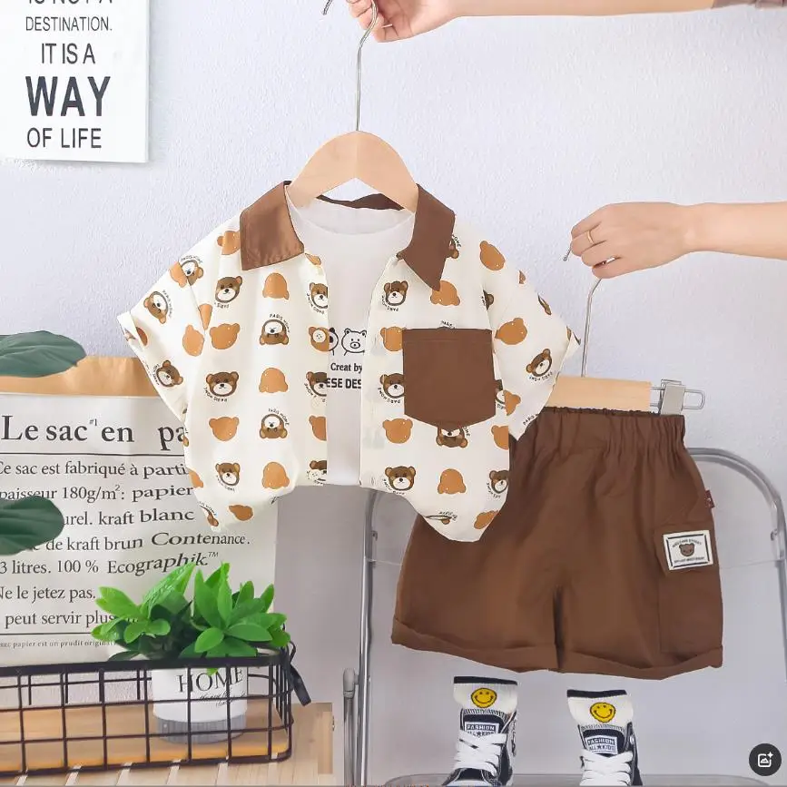 

Summer Baby Boys Clothes Sets Korean Style Cartoon Bear Turn-down Collar Shirts+White T-shirt+Shorts 3Pcs Kids Boutique Outfits