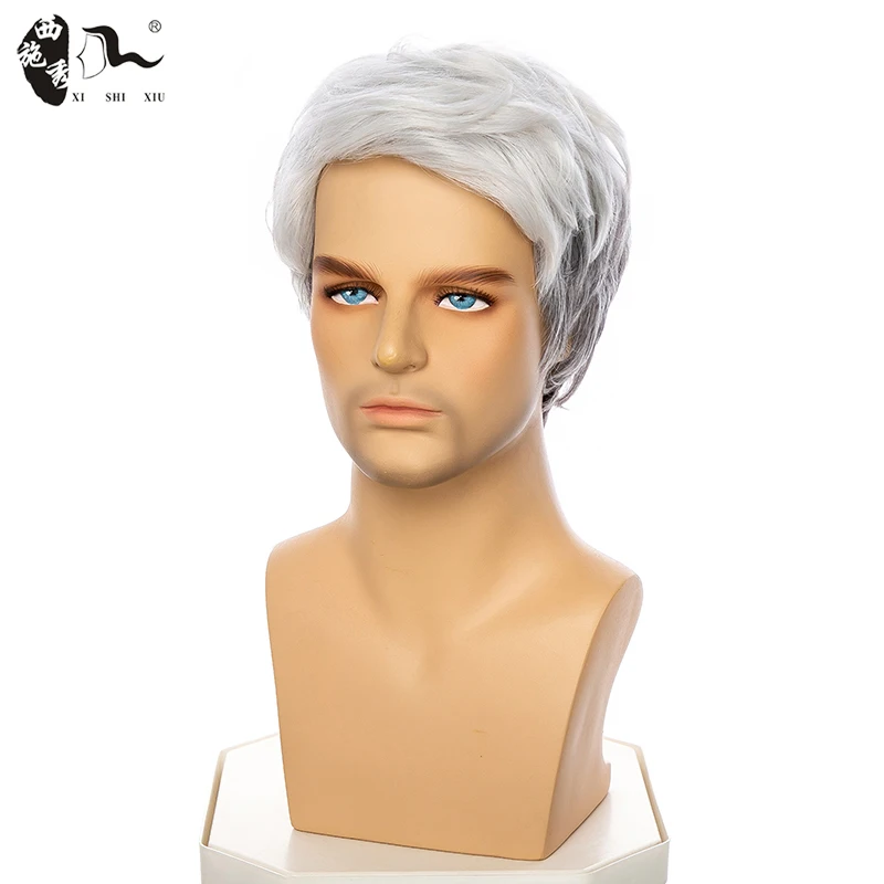 Short Ombre White Gray Synthetic Wig For Men Blanche Wig Male\'s Toupees Halloween Costume Older Man Natural Side Part Daily Wigs