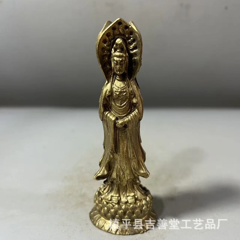 Three-sided alloy hollow brass-colored antique-style craft metal Buddha standing Guanyin statue