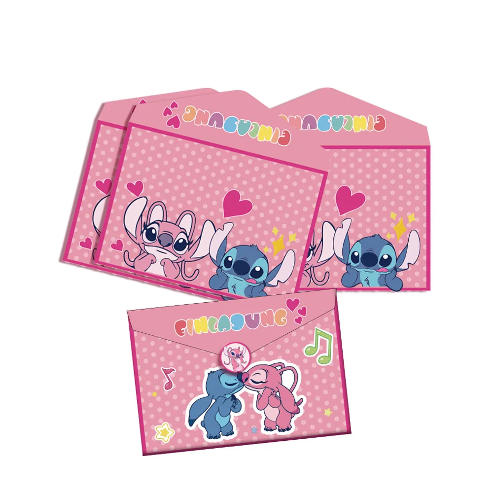 12Sets Disney Officially Licensed Stitch Angel Cute Pink Theme Birthday Party Invitation Card Envelope Invitation Postcard (With