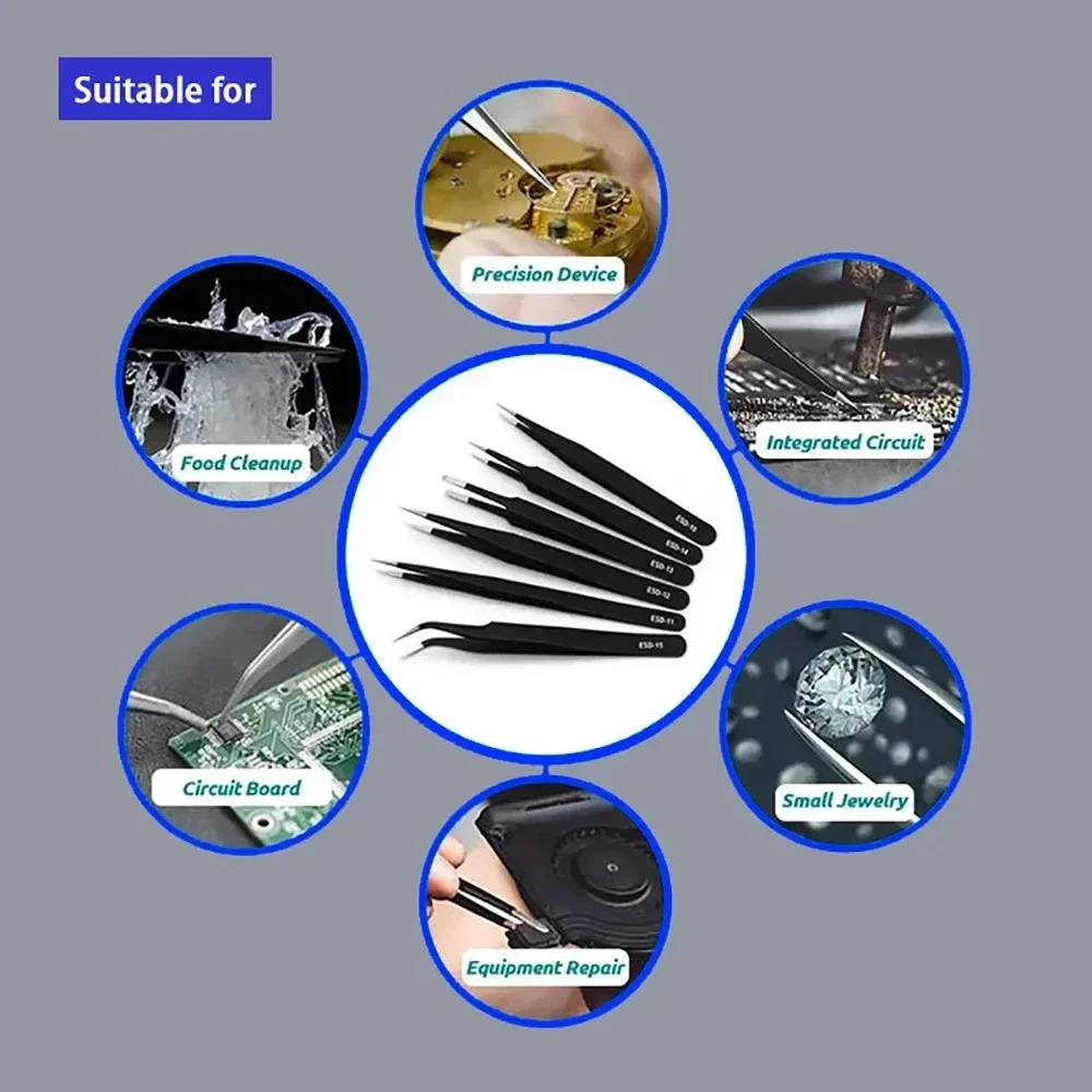 6pcs Stainless Steel Anti-static Precision ESD Tweezer Non-slip Grip Durable Tweezer Tools for Electronics Repair Jewelry Making view 5