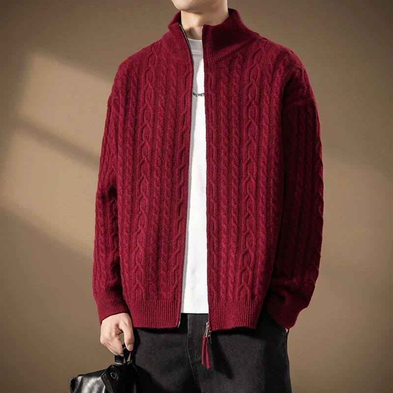 Autumn Winter Men's Stand Collar Sweatercoat Loose Knitted Cardigans Solid Color Warm Casual Knit Sweater Jacket Casual Cardigan