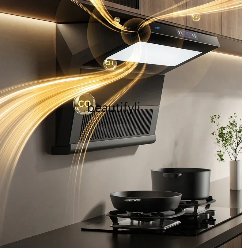 

A Black 7-shaped range hood, stove combination, household package, kitchen smoke stove set.