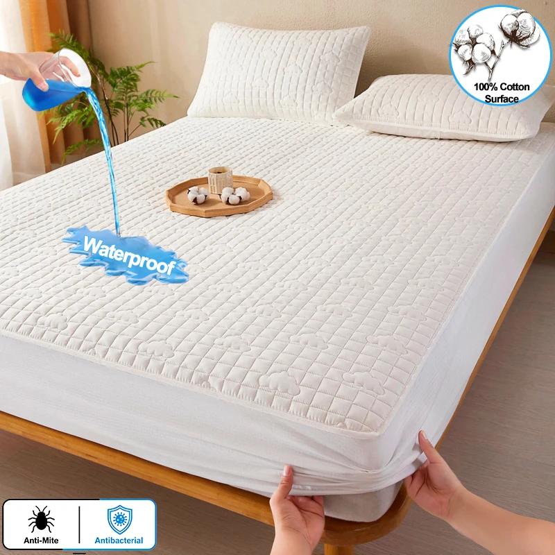 Waterproof Mattress Protector, Cotton Surface Quilted Mattress Pad Cover,Anti‑Mite Antibacterial Fitted Bed Sheet Mattress Cover