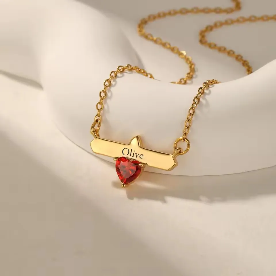 

Stainless Steel Jewelry Birthday Gift for Women Personalized Name Pendant Heart Birthstone Horizontal Necklace Customized Name