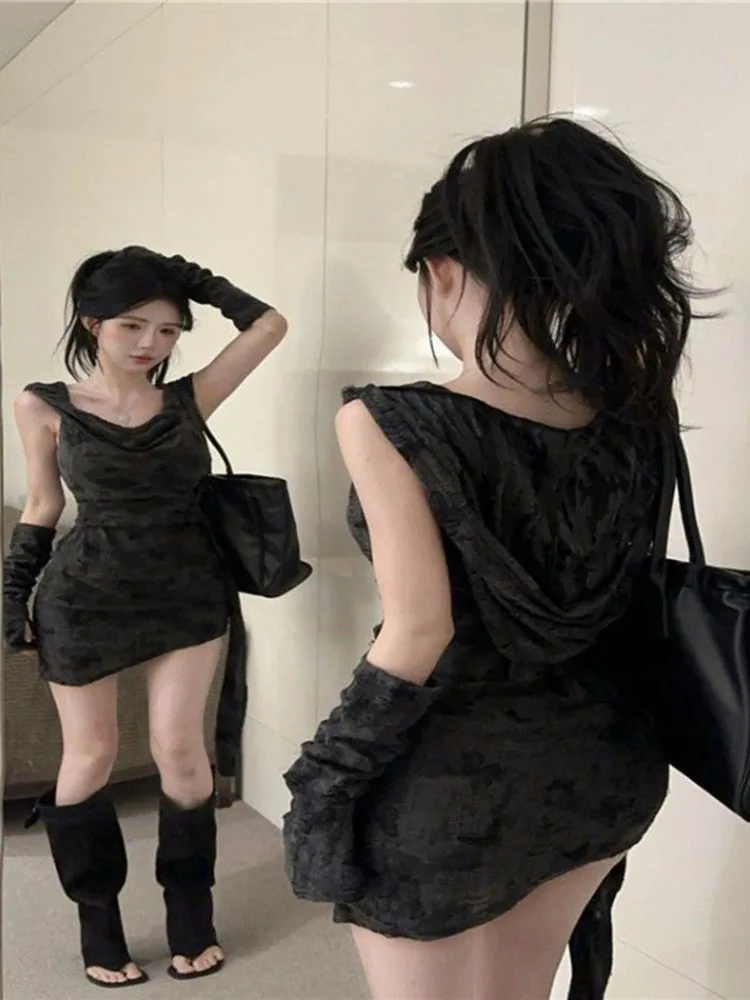 Punk Harajuku Gotico Abito con cappuccio per le donne Y2k Abiti aderenti sexy Felpa con cappuccio Abiti subculturali De Mujer Gotico scuro