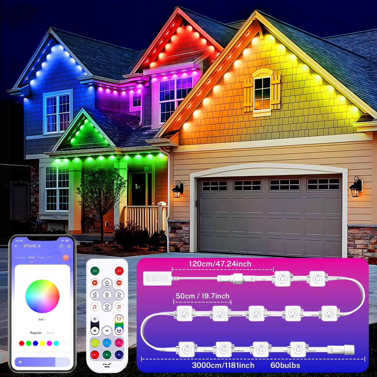 

100/150FT Smart RGB Permanent Outdoor Lights with 72 Scene Modes, IP67 Waterproof Eaves Lighting for All Holiday Decorations