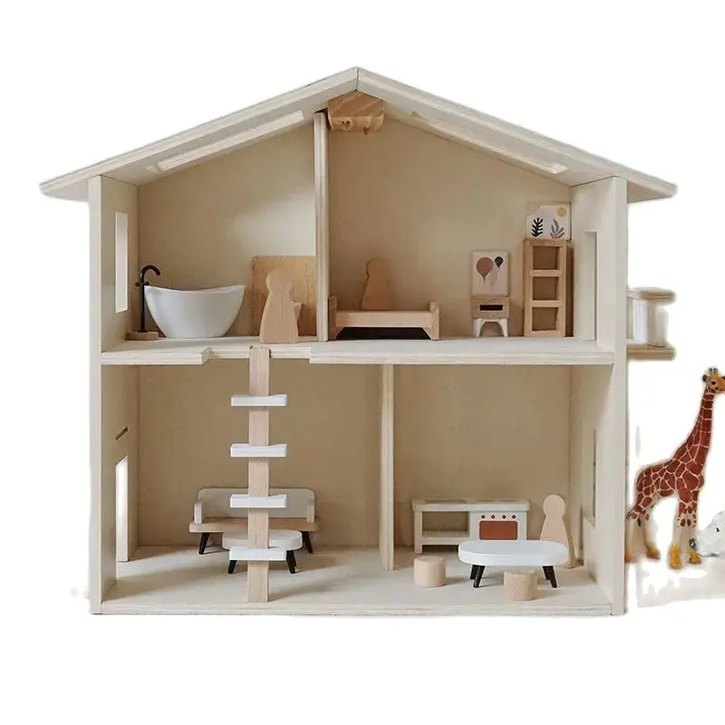 New Arrival 2 Floors Baby Pretend Role Play Big Wooden Kids Doll House For Girls 3+